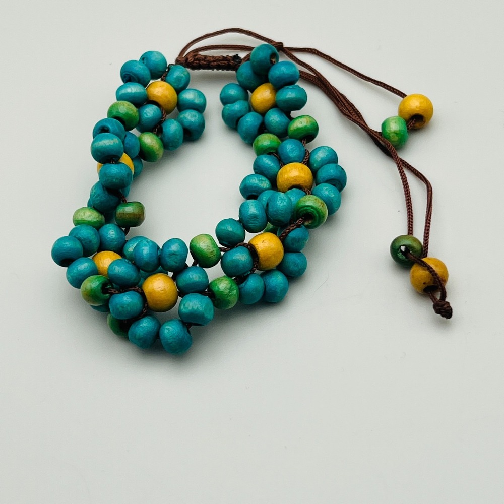 Boho Beaded Bracelet Adjustable Wood Chunky Turquoise Green Yellow Flowers